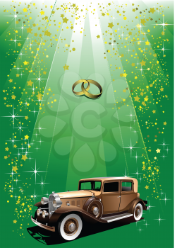 Royalty Free Clipart Image of an Antique Auto on a Green Background With Wedding Bands