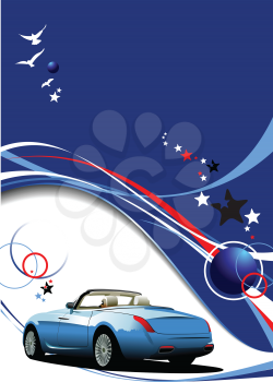Royalty Free Clipart Image of a Blue Background With Stars and Birds and a Car in the Corner