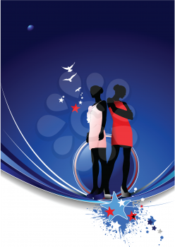 Royalty Free Clipart Image of a Blue Background With Two Women and Some Birds and Stars