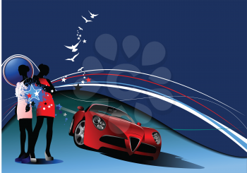 Royalty Free Clipart Image of a Red Sport Car and Two Women in Short Dresses