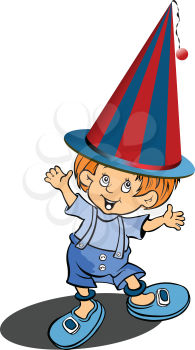 Royalty Free Clipart Image of a Boy Wearing a Clown Hat