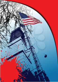 Royalty Free Clipart Image of a Building With an American Flag