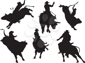 Royalty Free Clipart Image of a Collection of Bull Riders in Silhouette