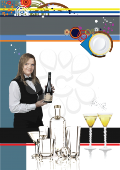 Royalty Free Clipart Image of a Woman With a Bottle of Wine