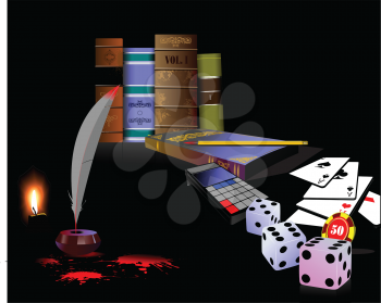 Royalty Free Clipart Image of a Candle, Quill, Books, Cards and Die