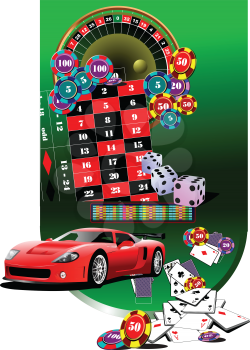 Royalty Free Clipart Image of a Roulette Wheel, Dice, Cards and a Flashy Car
