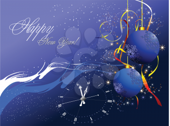 Royalty Free Clipart Image of a Happy New Year Card With a Clock and Ornaments