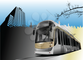 Royalty Free Clipart Image of a Tram in the City