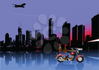 Royalty Free Clipart Image of a City Panorama With a Bike in the Foreground and an Airplane Overhead