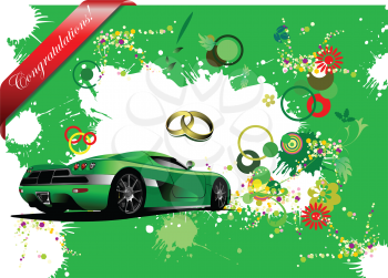 Royalty Free Clipart Image of a Green Car With Double Rings And Congratulations on the Corner