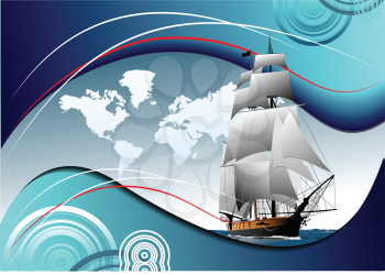 Royalty Free Clipart Image of a Ship and a Map of the World on a Blue Background