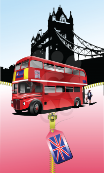 Royalty Free Clipart Image of a Double Decker Bus and London Bridge
