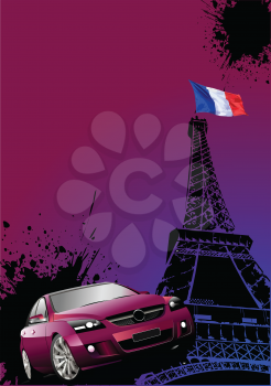 Royalty Free Clipart Image of the Eiffel Tower Flying the French Flag With a Car in Front