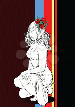 Royalty Free Clipart Image of a Woman Kneeling With Roses in Her Hair