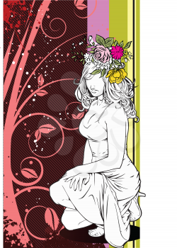 Royalty Free Clipart Image of a Background With a Uncoloured Woman With Flowers in Her Hair