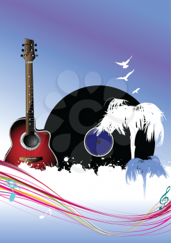 Royalty Free Clipart Image of a Guitar and LP With Birds and Trees