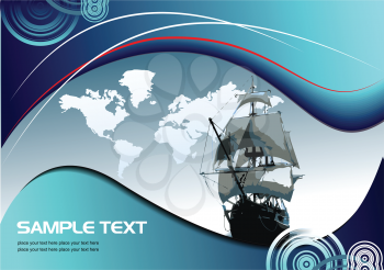 Royalty Free Clipart Image of a Background With a Tall Ship and a Map