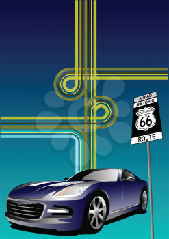 Royalty Free Clipart Image of a Luxury Car With a Route 66 Sign
