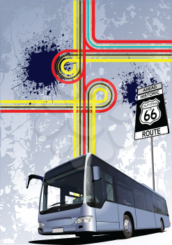 Royalty Free Clipart Image of a Bus at a Route 66 Sign