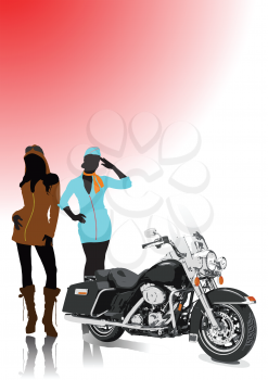 Royalty Free Clipart Image of a Two Girls With a Motorcycle