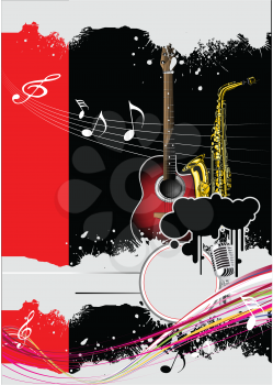 Royalty Free Clipart Image of a Guitar and Horn on a Grunge Background