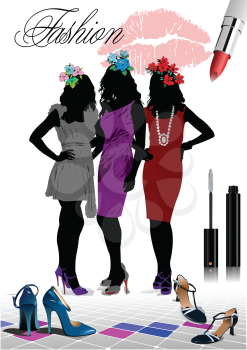 Royalty Free Clipart Image of Three Woman on a Fashion Cover With Shoes and Makeup
