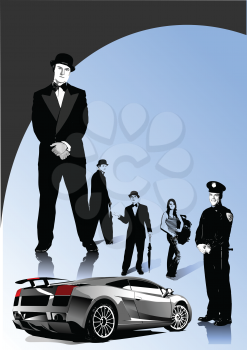 Royalty Free Clipart Image of a Luxury Car With English Gentlemen, a Woman and a Cop