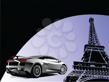 Royalty Free Clipart Image of a Car and the Eiffel Tower