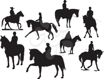 Royalty Free Clipart Image of Eight Horses and Riders in Silhouette