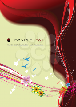 Royalty Free Clipart Image of a Wavy Red Border With Space for Text and Birds and Flowers