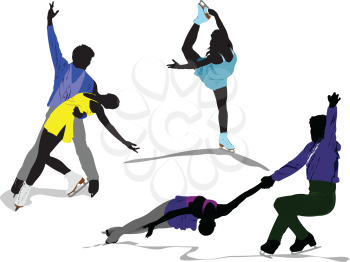 Royalty Free Clipart Image of a Group of Figure Skaters in Silhouette