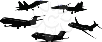 Five black and white Airplane silhouettes. Vector illustration