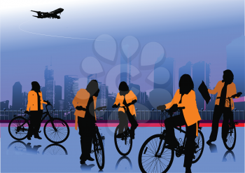 Royalty Free Clipart Image of a Five People on Bikes in Front of Buildings With a Plane Overhead