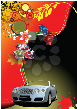 Royalty Free Clipart Image of a Background of Flowers With a Car