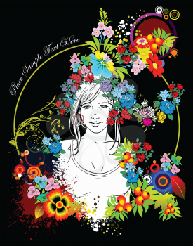 Royalty Free Clipart Image of a Girl With Flowers Around Her