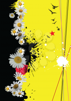 Royalty Free Clipart Image of a Yellow Background With Birds and a Star Along a Daisy Border