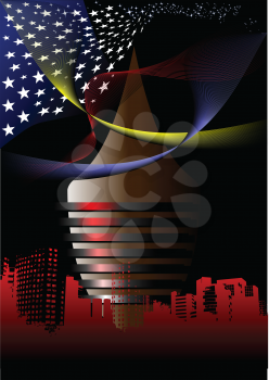 Royalty Free Clipart Image of a Futuristic Town with an American Flag