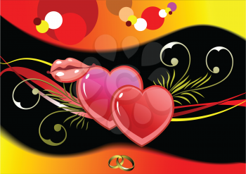 Royalty Free Clipart Image of a Romantic Card With Two Hearts and a Mouth