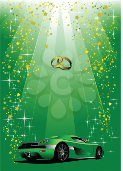 Royalty Free Clipart Image of a Luxury Green Sedan Below Wedding Bands on a Green Background 