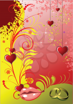 Royalty Free Clipart Image of a Romantic Background With Hanging Hearts and Lips and Rings at the Bottom