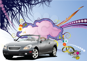 Royalty Free Clipart Image of a Car on a Romantic Nature Background With Rings and Flowers