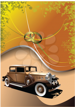 Royalty Free Clipart Image of an Antique Car With Wedding Rings