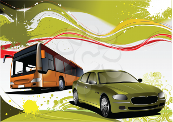 Royalty Free Clipart Image of a Bus and Car on a Background