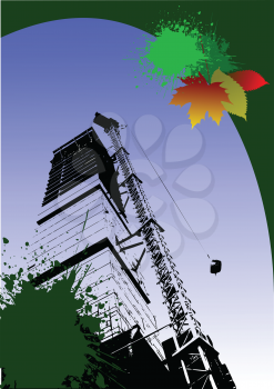 Royalty Free Clipart Image of a Building and a Crane With a Green Splash and Leaves in the Corner