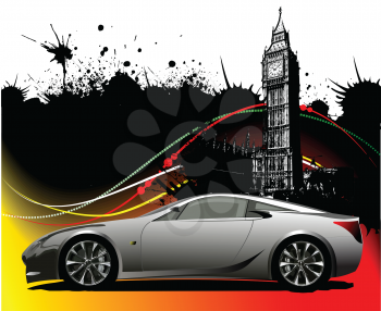 Royalty Free Clipart Image of a Luxury Vehicle in Front of Big Ben