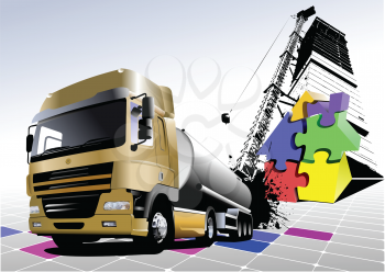 Royalty Free Clipart Image of a Fuel Truck By a Crane and a Jigsaw Puzzle