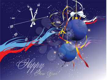 Royalty Free Clipart Image of a Happy New Year Greeting With a Clock and Ornaments