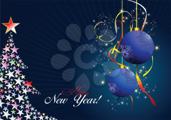 Royalty Free Clipart Image of a Christmas Tree and Ornaments on a Merry New Year Greeting