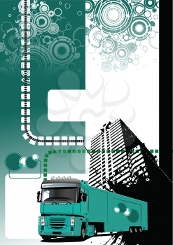 Royalty Free Clipart Image of a Green Background With Swirls at the Top and a Truck and a Building at the Bottom