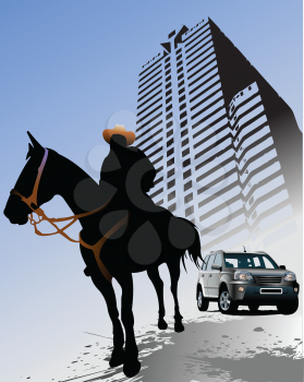 Royalty Free Clipart Image of a Horse and Rider and a Car in Front of a High Rise Building